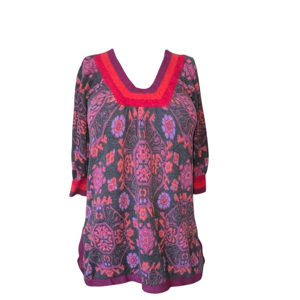 Free People Wool Cashmere Paisley V-Neck Tunic Sweater Purple Red Medium